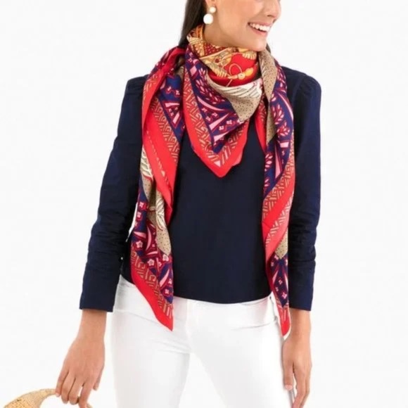 Tuckernuck Brighton Print Scarf Red Blue Beige Oversized - Picture 2 of 10
